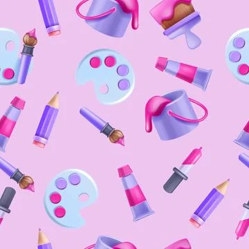 3D art school seamless pattern, vector kids drawing class texture イラスト素材
