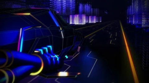3D artificial experience of Retro futuristic vehicle moving on a virtual road Stock Footage 172541443