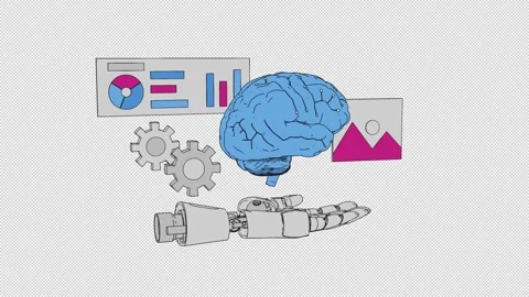 3D Artificial Intelligence Brain with Robotic Hand and Data Analytics Animation Stock Footage 340815268