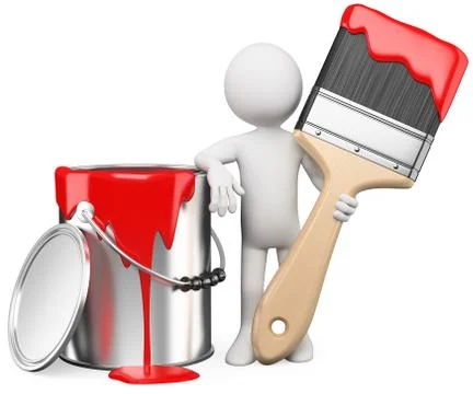 3d artist posing with a can of red paint and paintbrush Stock Illustration