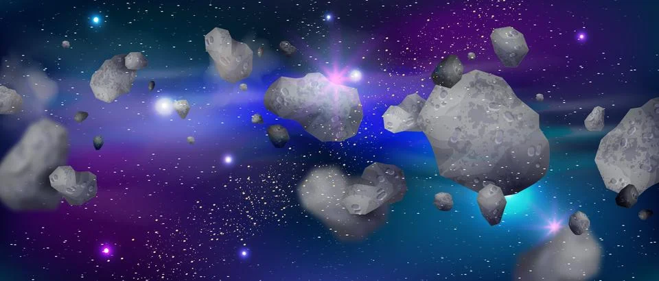 3D asteroid space background, cosmos game meteorite, vector neon galaxy Stock Illustration
