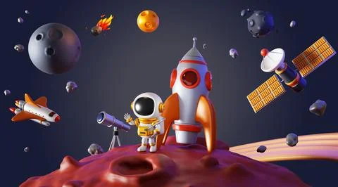 3d astronaut and rocket on Mars surface render. Cosmonaut with telescope explore Ilustración de archivo
