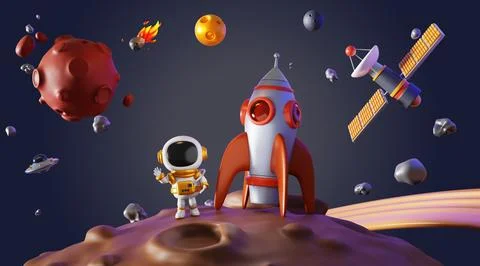 3d astronaut and rocket on Moon surface. Cartoon render spaceman in spacesuit 스톡 일러스트