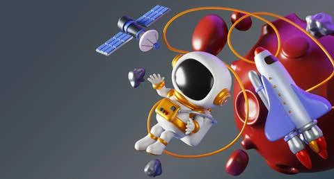 3d astronaut and spaceship in outer space. Render cartoon spaceman character in Illustrazione stock