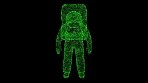 3D astronaut on black bg. Object dissolved green flickering particles. Busi.. Illustrazione stock