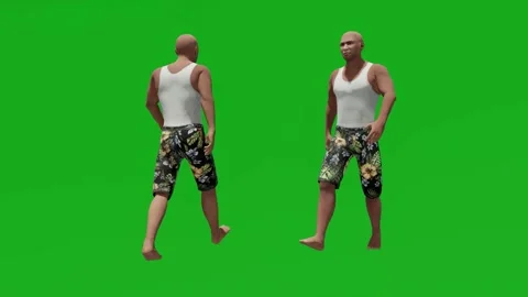 3d athletic mexican man on green screen walking at home with 2 different views Stockbeeldmateriaal 201736957