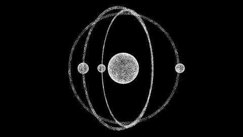 3D atom model with a nucleus and electrons on black bg. Object dissolved fl.. Stock Illustration