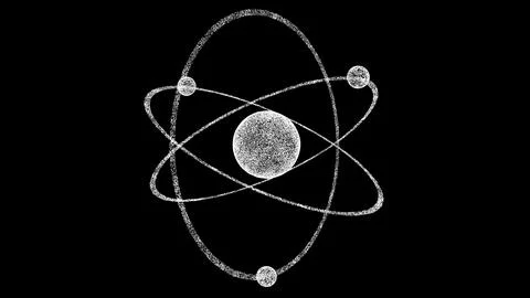 3D atom model with a nucleus and electrons on black bg. Object dissolved flic Stock Illustration