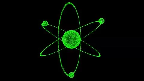 3D atom model with a nucleus and electrons on black bg. Object dissolved flic Stock Illustration