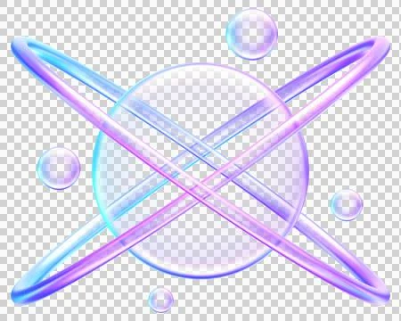 3D atomic structure icon in purple blue glass, symbolizing science, physics.. Stock Illustration