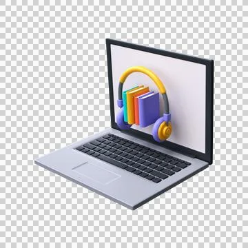 3d audiobooks concept. A stack of books and headphones on a laptop screen.. Stock Illustration
