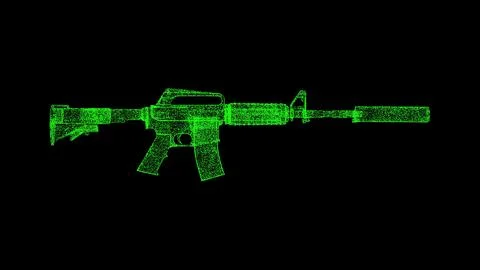 3D automatic rifle on black bg. Object dissolved green flickering particles.. Illustrazione stock