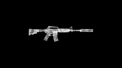 3D automatic rifle on black bg. Object dissolved white flickering particles.. Ilustração Stock