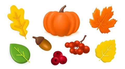 3d autumn set, maple leaf, acorn and berries. October holidays, fall pumpkin, Stock Illustration
