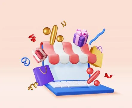 3D awning in computer and gift bags and boxes Illustrazione stock