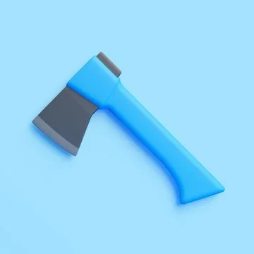 3D axe with blue handle lying on light blue background, minimal chopping tool Stock Illustration