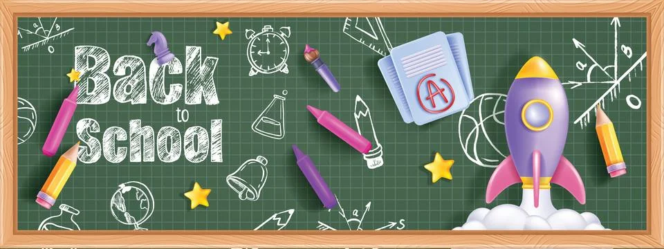 3D back to school background, chalkboard crayon doodle vector banner Stock Illustration