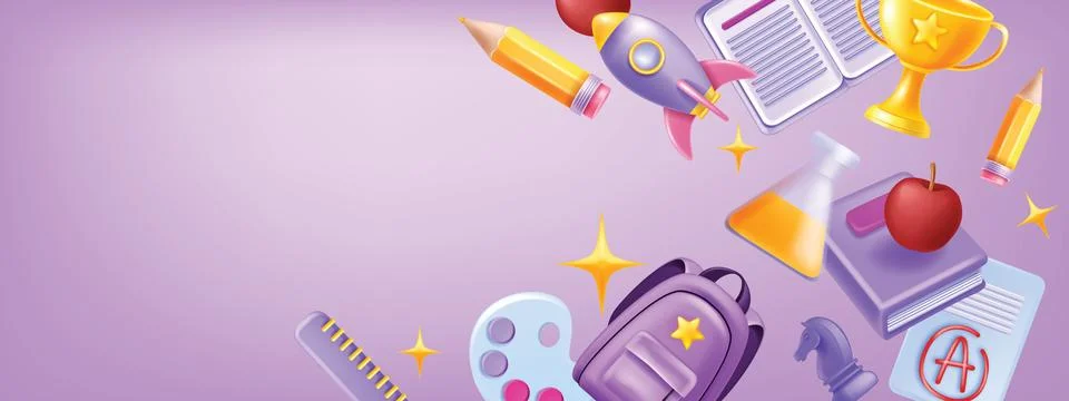 3D back to school background, vector stationery flying objects Stock Illustration