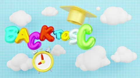 3D Back to School Balloon Text with Clouds and Cap Stock Footage 342571377