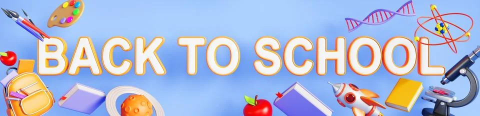 3d back to school banner with backpack, book, apple, rocket, planet, microscope Illustrazione stock
