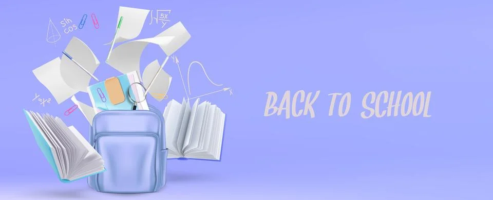 3d back to school composition with open backpack 스톡 일러스트