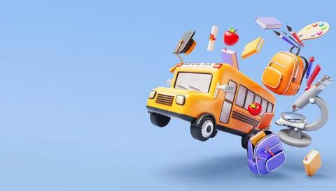 3D Back to school concept with flying yellow bus, backpack, books, microscope Stock Illustration