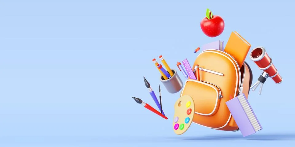 3d back to school concept with open yellow backpack, book, notebook, pen, pencil Stock Illustration