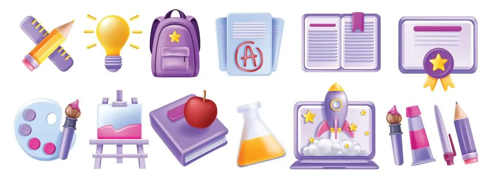 3D back to school icon set, vector education graduate object kit 库存插图