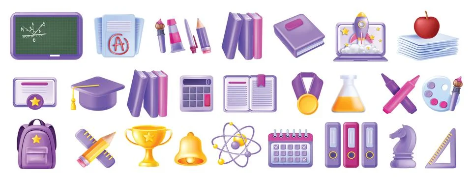 3D back to school icon set, education graduate vector object kit イラスト素材