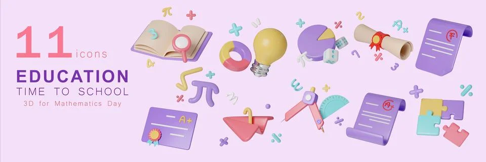 3D back to school icon set, For mathematics day and Pie day concept, Render Illustrazione stock