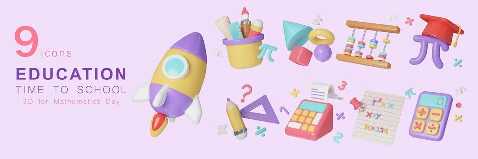 3D back to school icon set, For mathematics day and Pie day concept, Render Stock Illustration