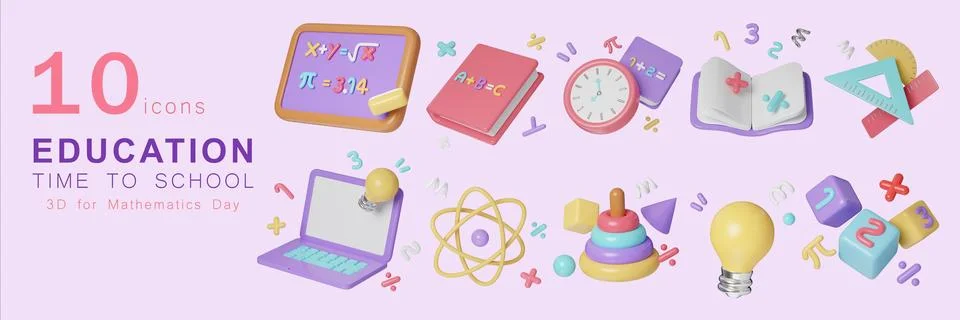 3D back to school icon set, For mathematics day and Pie day concept, Render Illustrazione stock