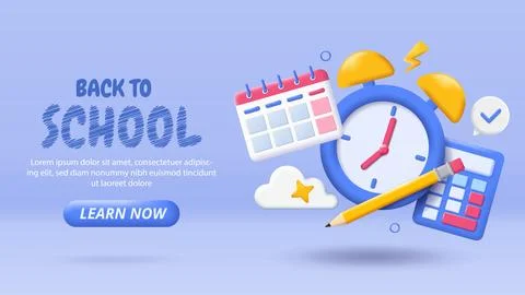 3D Back to school poster. Calendar, clocks and pencils, calculator. Education Stock Illustration
