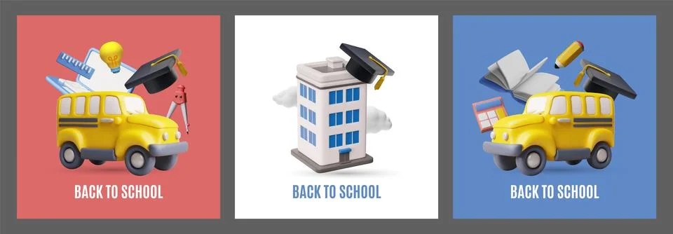 3D Back to School poster set with building, bus and school supplies. Ilustración de archivo
