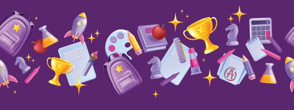 3D back to school seamless border, vector kids cartoon education banner 스톡 일러스트