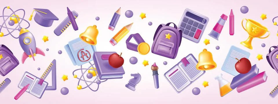 3D back to school seamless border, vector kids cartoon education banner Stock Illustration