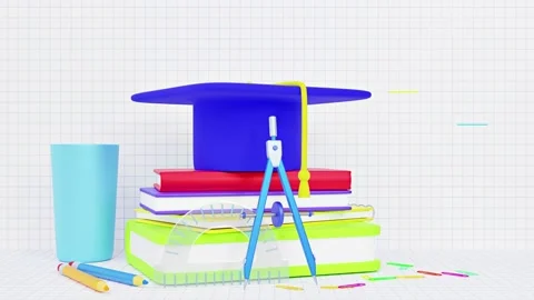 3D Back to School Stationery and Graduation Cap Stock Footage 342571388
