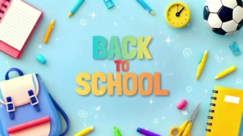 3D Back to School Text with Supplies and Backpack on Blue Background Motion Stock Footage 331492720