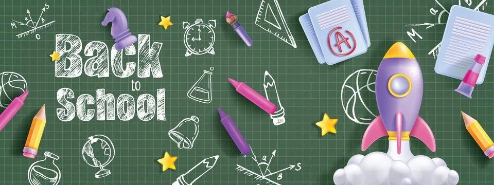 3D back to school vector background, chalkboard crayon doodle banner Stock Illustration