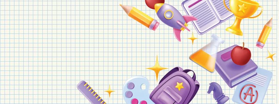 3D back to school vector background, stationery flying objects Stock Illustration