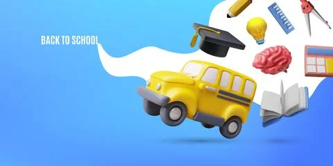 3D Back to School vector banner with flying yellow bus and education symbols on Stock Illustration