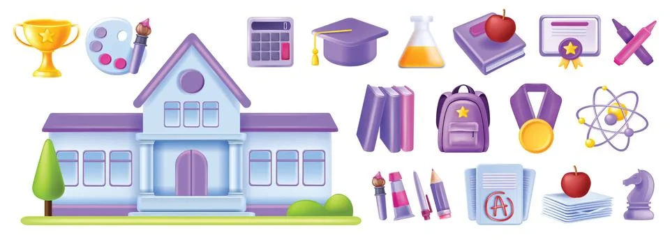 3D back to school vector icon set, education graduate object kit 库存插图