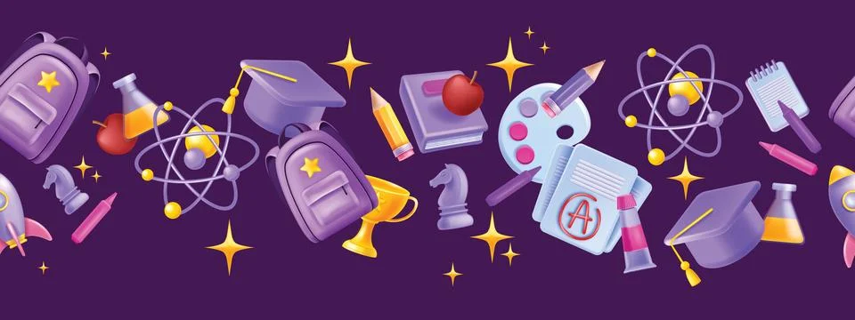 3D back to school vector seamless border, kids cartoon education banner 스톡 일러스트