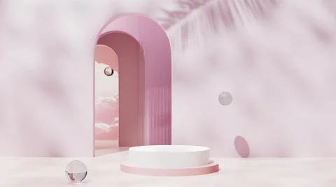 3d background with arches, glass balls and pedestal Stock Illustration