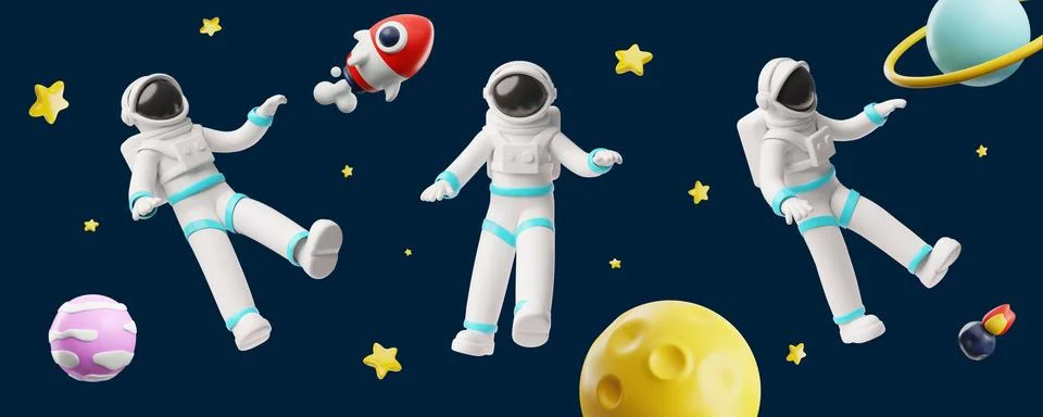 A 3D background with astronauts floating in spacesuits in various poses in outer Stock Illustration