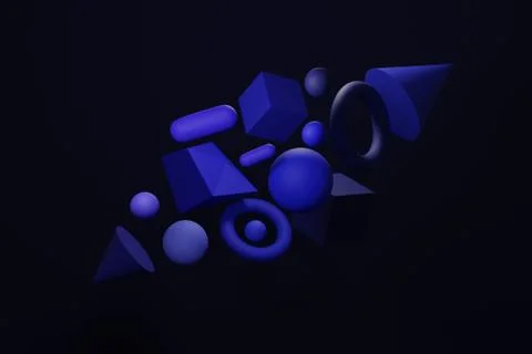 3d background blue cubes, balls, cones, torus shapes abstract geometric Stock Illustration