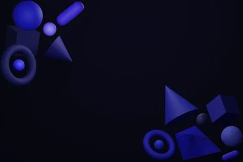 3d background blue cubes, balls, cones, torus shapes abstract geometric Stock Illustration