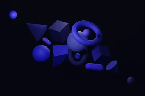 3d background blue cubes, balls, cones, torus shapes abstract geometric backg Stock Photos