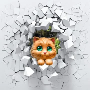 3d background, cat and a broken wall Stock Illustration