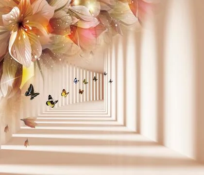 3d background, corridor, shadow and light, butterflies, flowers Stock Illustration